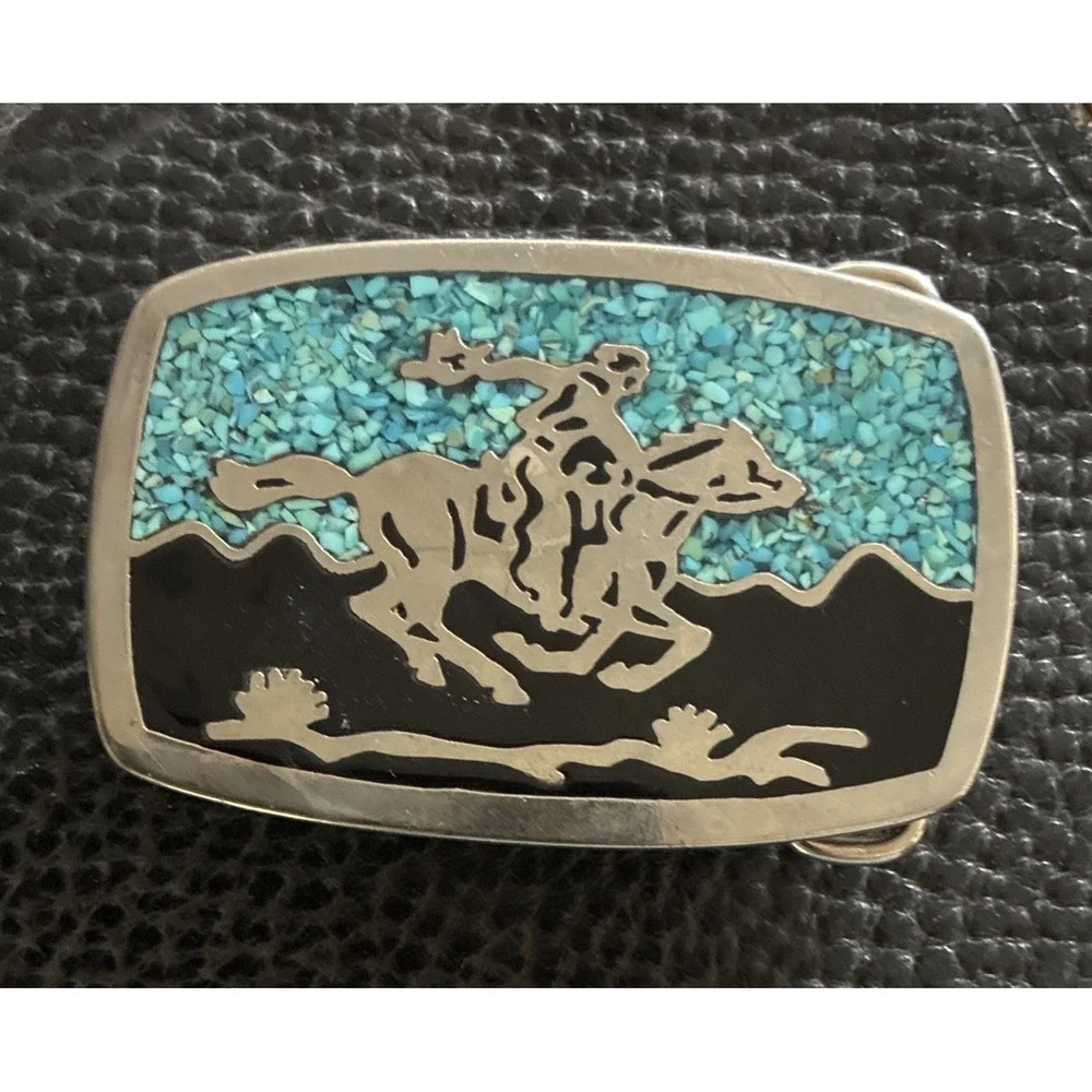 Cowboy Horse  Turquoise Chip Stone Inlay Belt Buckle